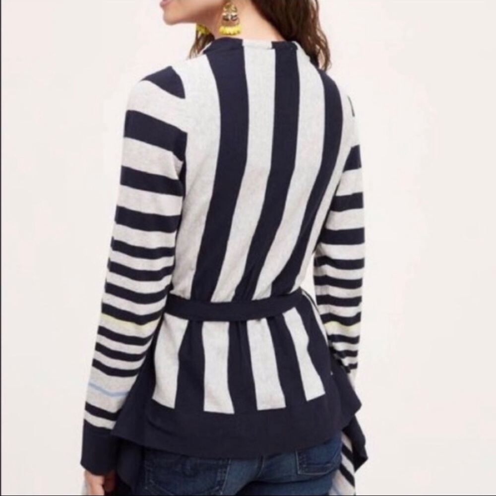 Anthropologie Moth | Grey/Blue/Yellow Striped Tie Waist Cardigan *NWT* - Picture 4 of 16